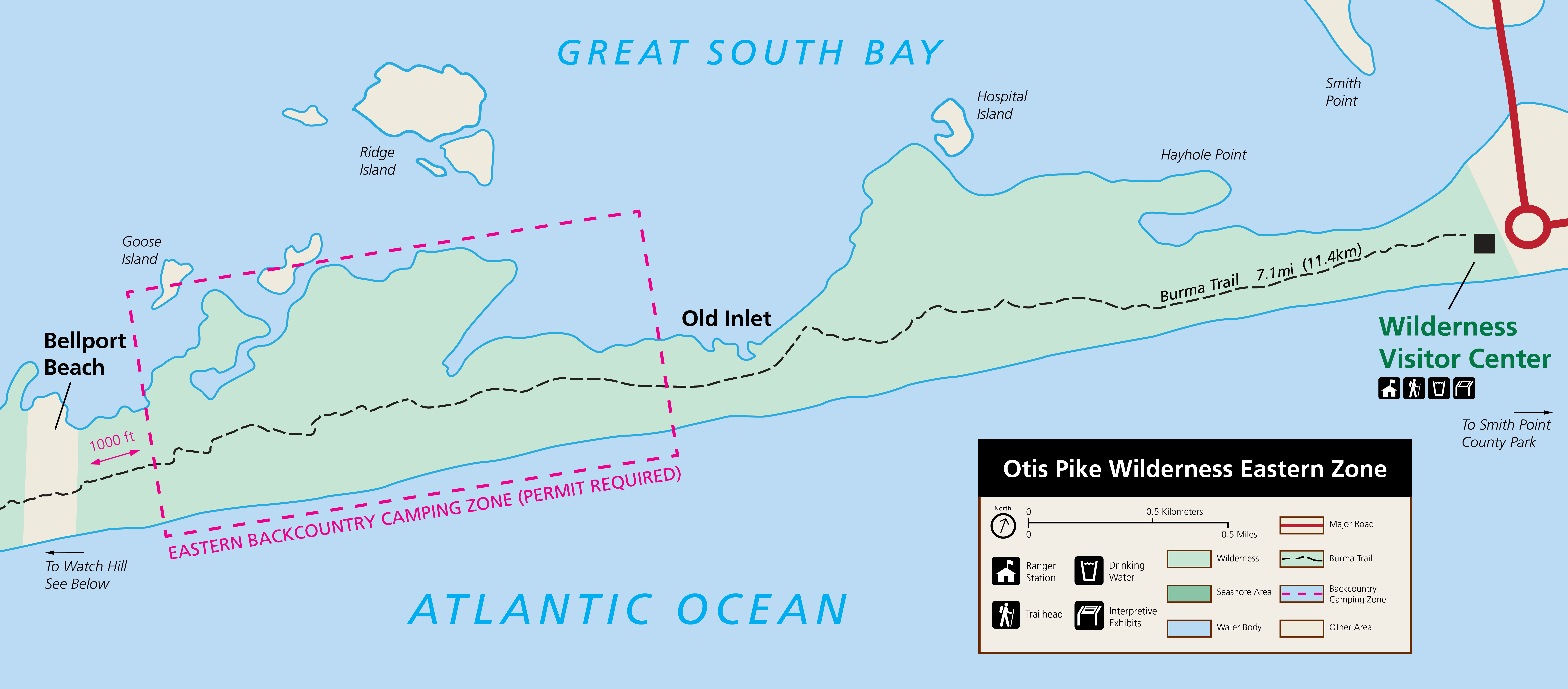 A map of the Otis Pike Wilderness Area with emphasis on the Burma Trail and backcountry camping area.