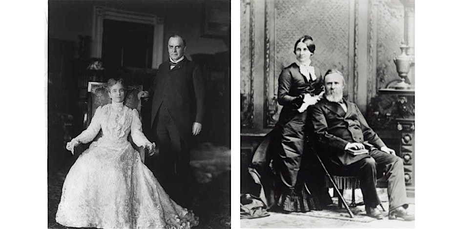 Left photo of Ida Mckinly sitting down and her husband William McKinley standing next to her. The right photo is of President Rutherford Hayes sitting down with his wife Lucy Hayes standing behind him