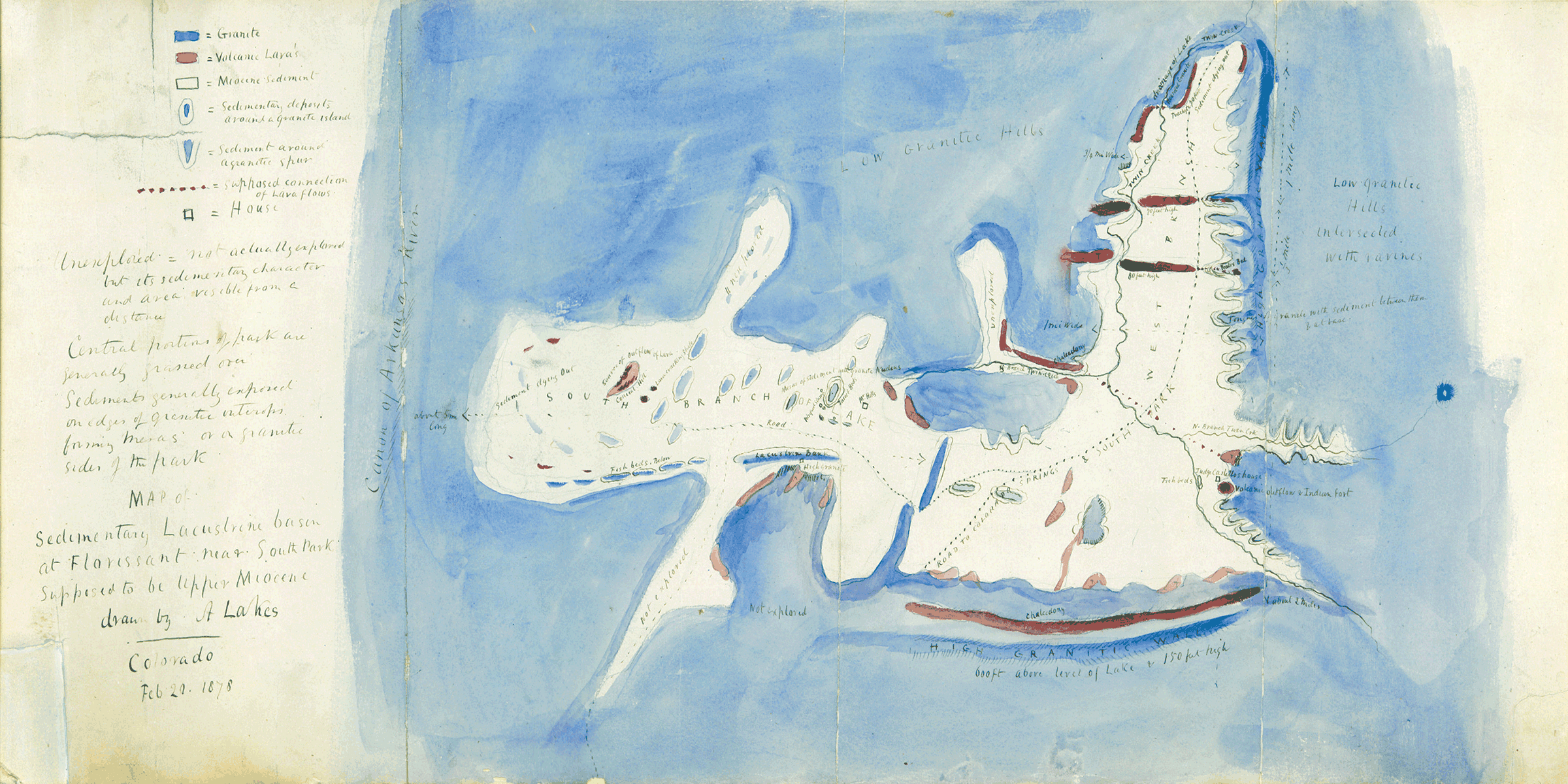 A watercolor geologic map of the Florissant Valley by Arthur Lakes.