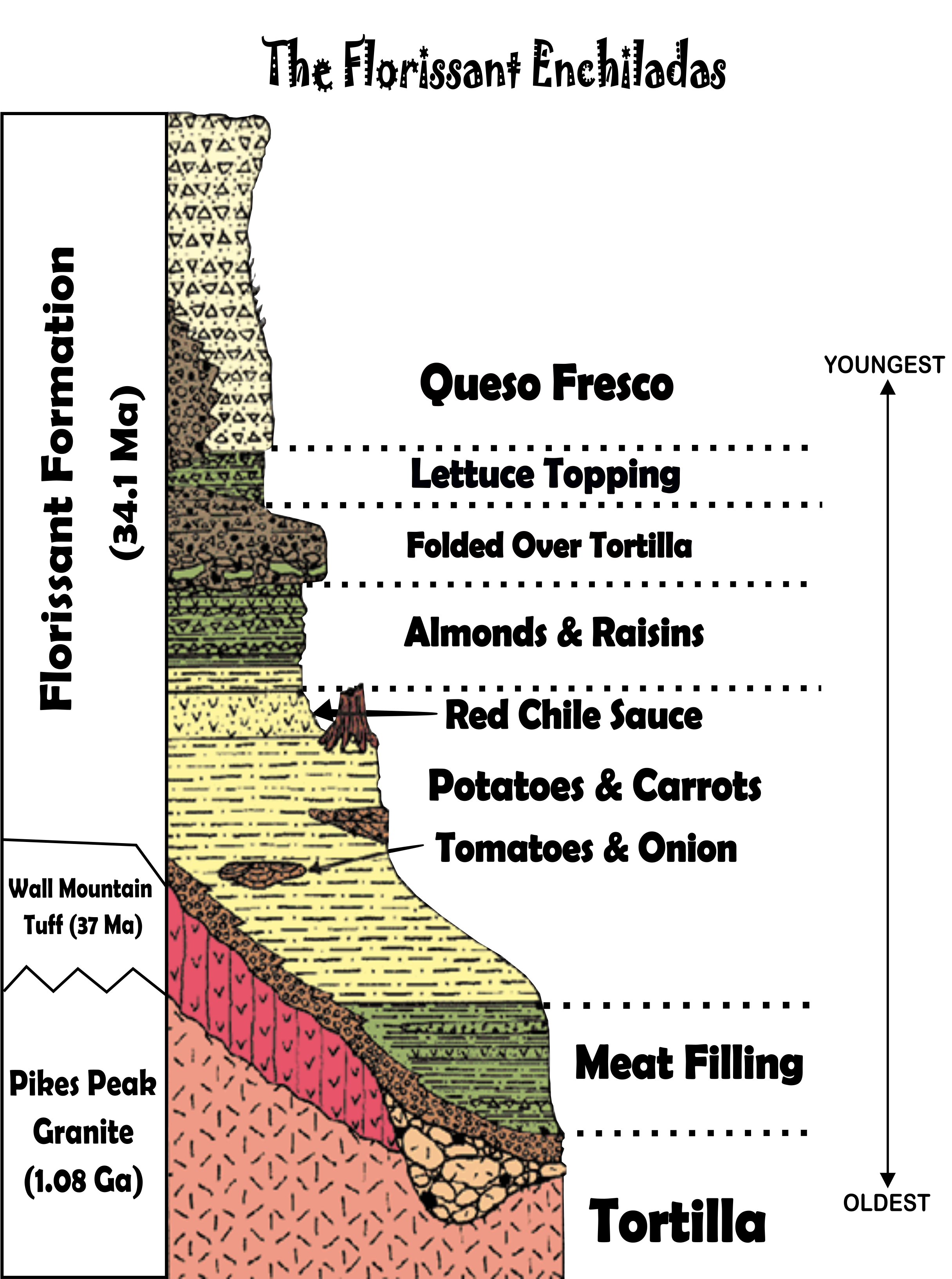 Diagram showing how the ingredients in enchiladas correspond to the rocks layers of Florissant Fossil Beds.