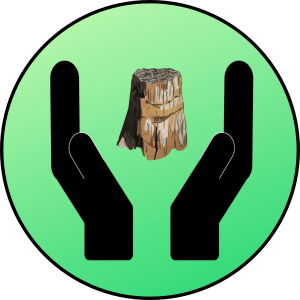 A silhouette of two hands are shown holding up a petrified Redwood stump.