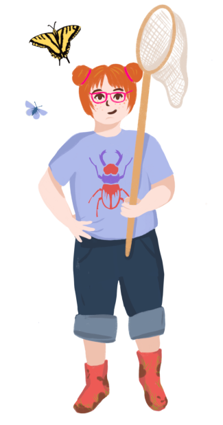 A young white girl with red hair is wearing a purple shirt with a beetle. She's holding a butterfly net while butterflies fly above her.