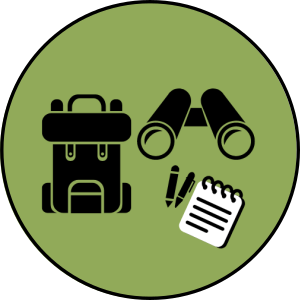 Adventure Icon Inside a green circle is a backpack, pair of binoculars, and a notepad along with a pen and pencil.