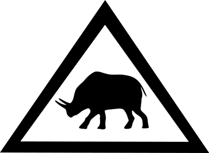 Inside a white triangle with a black border is a silhouette of the rhinoceros-looking brontothere, the symbol indicates a brontothere crossing.
