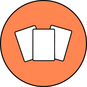 A round orangish pink graphic showing three blank cards that are slightly overlaid on one another.