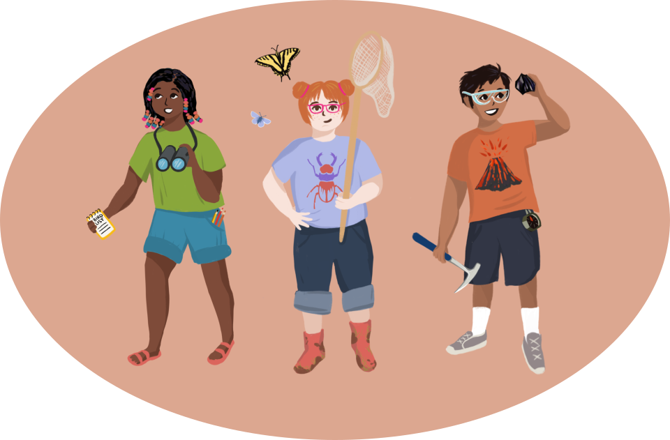 There are two girls and one boy around middle school aged. On the left is a young Black girl holding binoculars and a notebook. In the middle, a white girl with red hair is holding a butterfly net. On the right, a Latino boy is holding a rock and hammer.