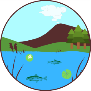 Lake Icon The lake is shown in front of a sun setting behind rolling green hills. Trees surround the lake.