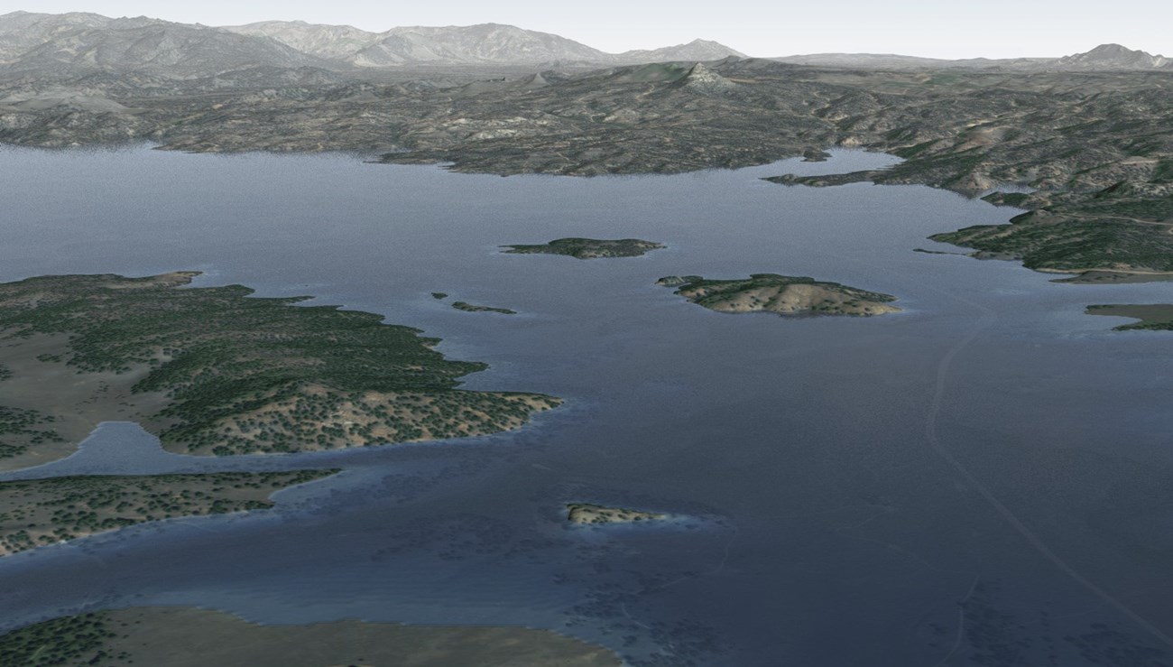 Artist rendition showing an aerial view of the ancient lake surrounded by a forest.