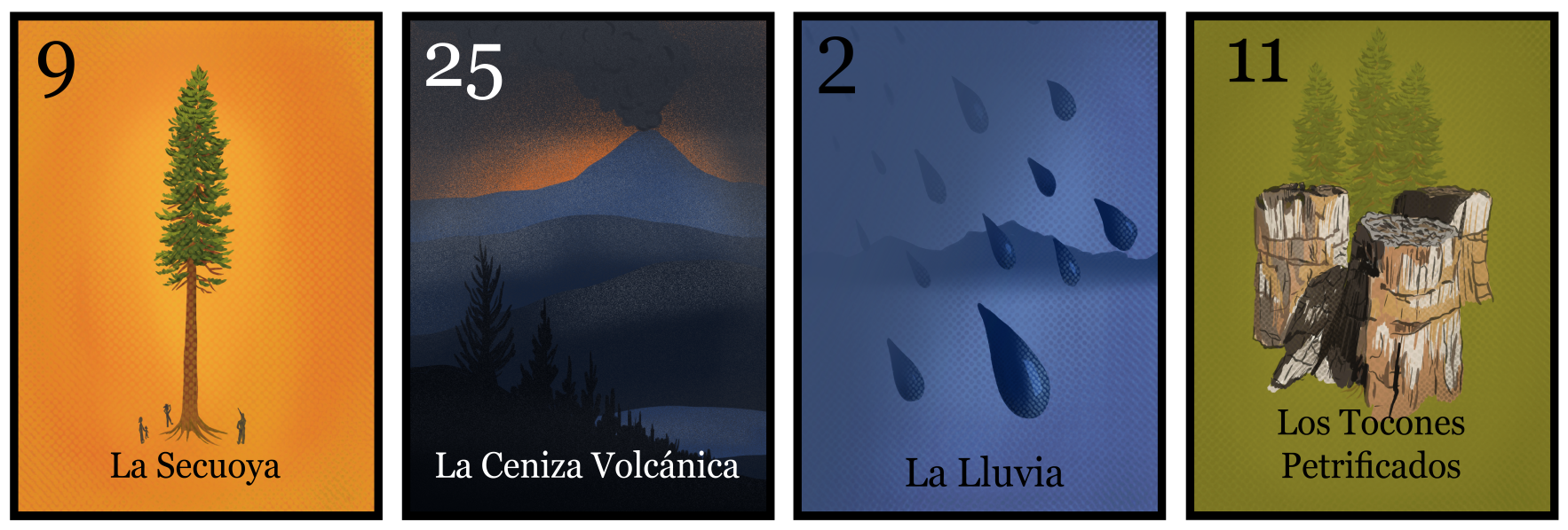 Banner of four cards. On the far left is a depiction of a towering Redwood tree. The next card shows a volcano spewing ash all over a landscape. The next card shows blue rain drops. To the far right is a trio of petrified Redwood stumps.