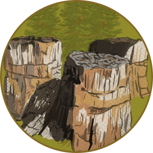 Petrified Redwood stump trio An illustration showing three petrified Redwood stumps with semi-transparent live Redwood trees behind the stumps.