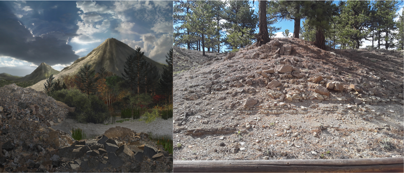 Two images side-by-side, left shows artwork of the ancient volcano and debris flow, the right shows the debris flow as it is seen today.