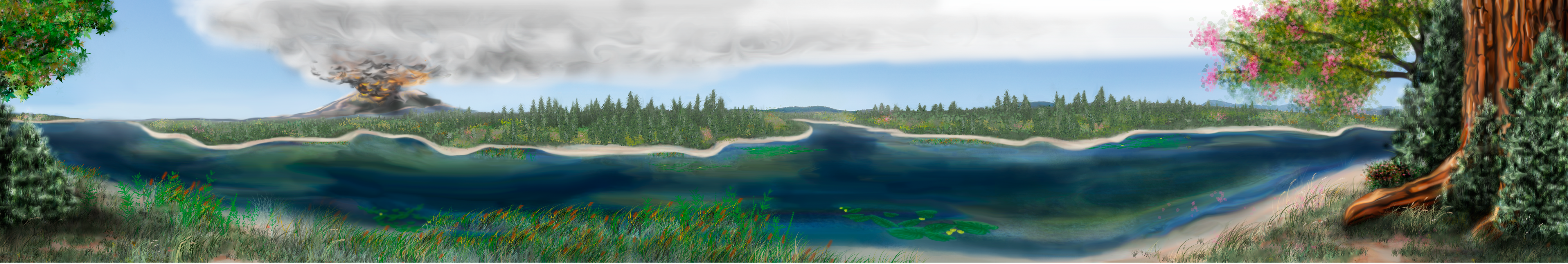 Artist reconstruction, a panoramic image of a lake bordered by trees with a volcano erupting in the distance.