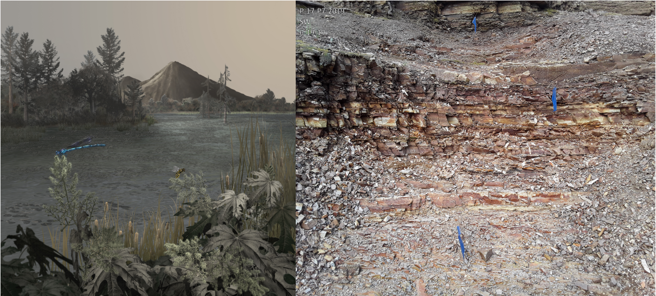 Two images side by side, the left picturing artwork of the ancient lake with a grey covering of ash during the Eocene, the right showing a selection of the buff shale today the ash became.