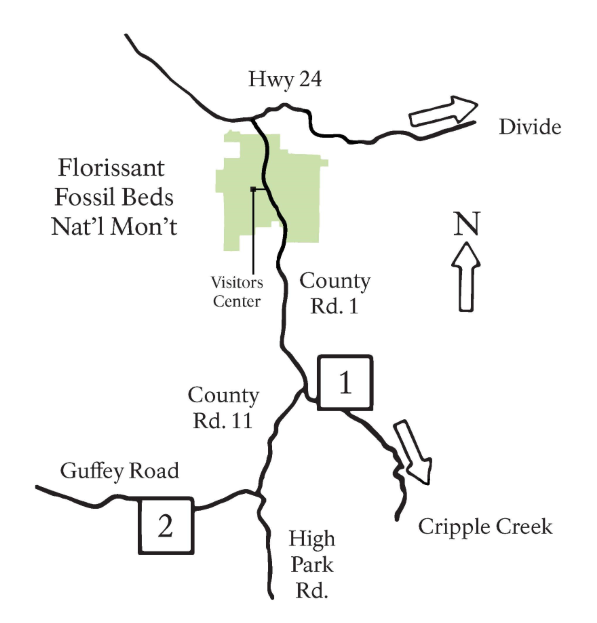 Map of Florissant Fossil Beds Area Including Teller County Road 1 and roads to Guffey