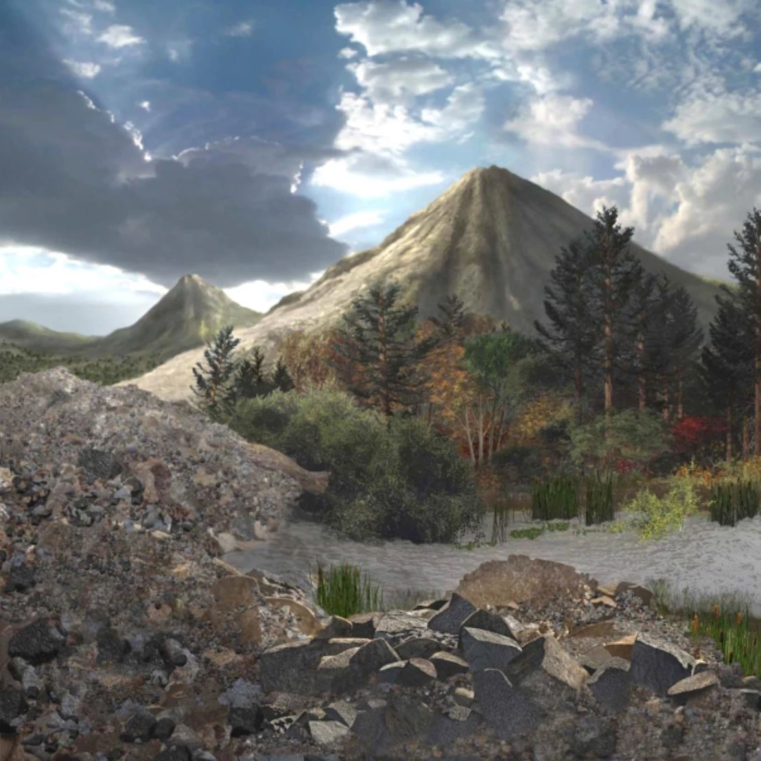 Artwork of Lahar Becoming a Volcanic Dam Volcano in background and large volcanic mudflow impounding a stream in foreground