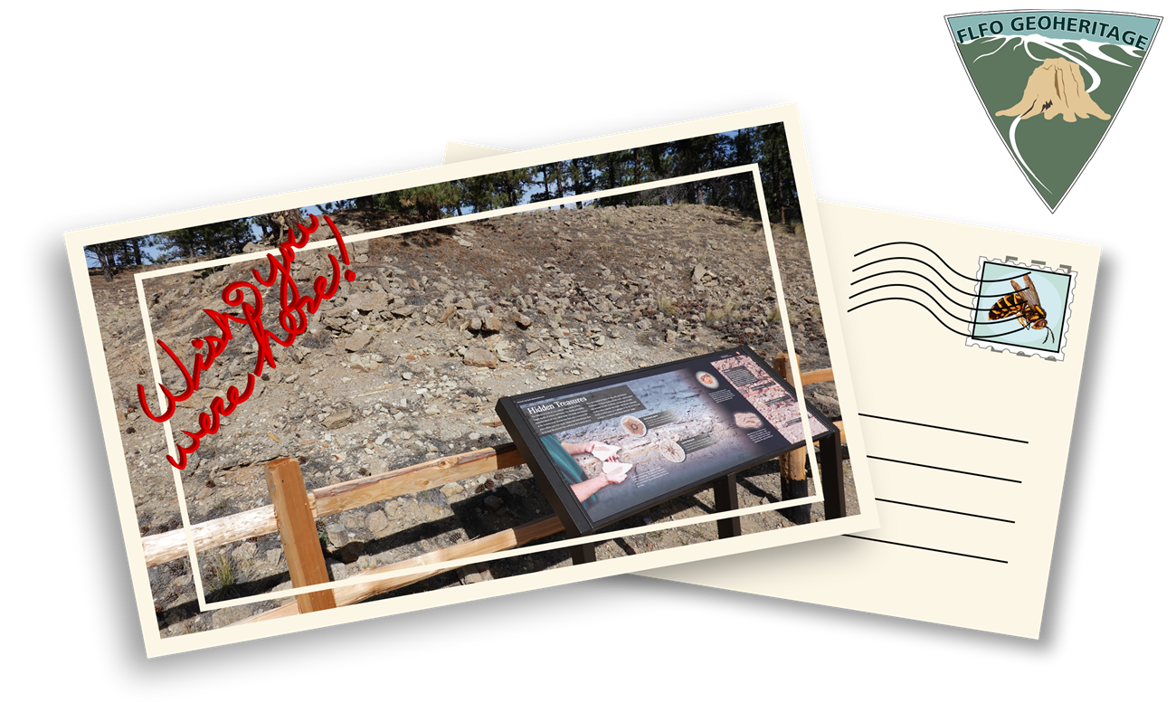 Post_HiddenTreasure_101521 Postcard showing physical location of wayside in front of a hill of exposed shale.