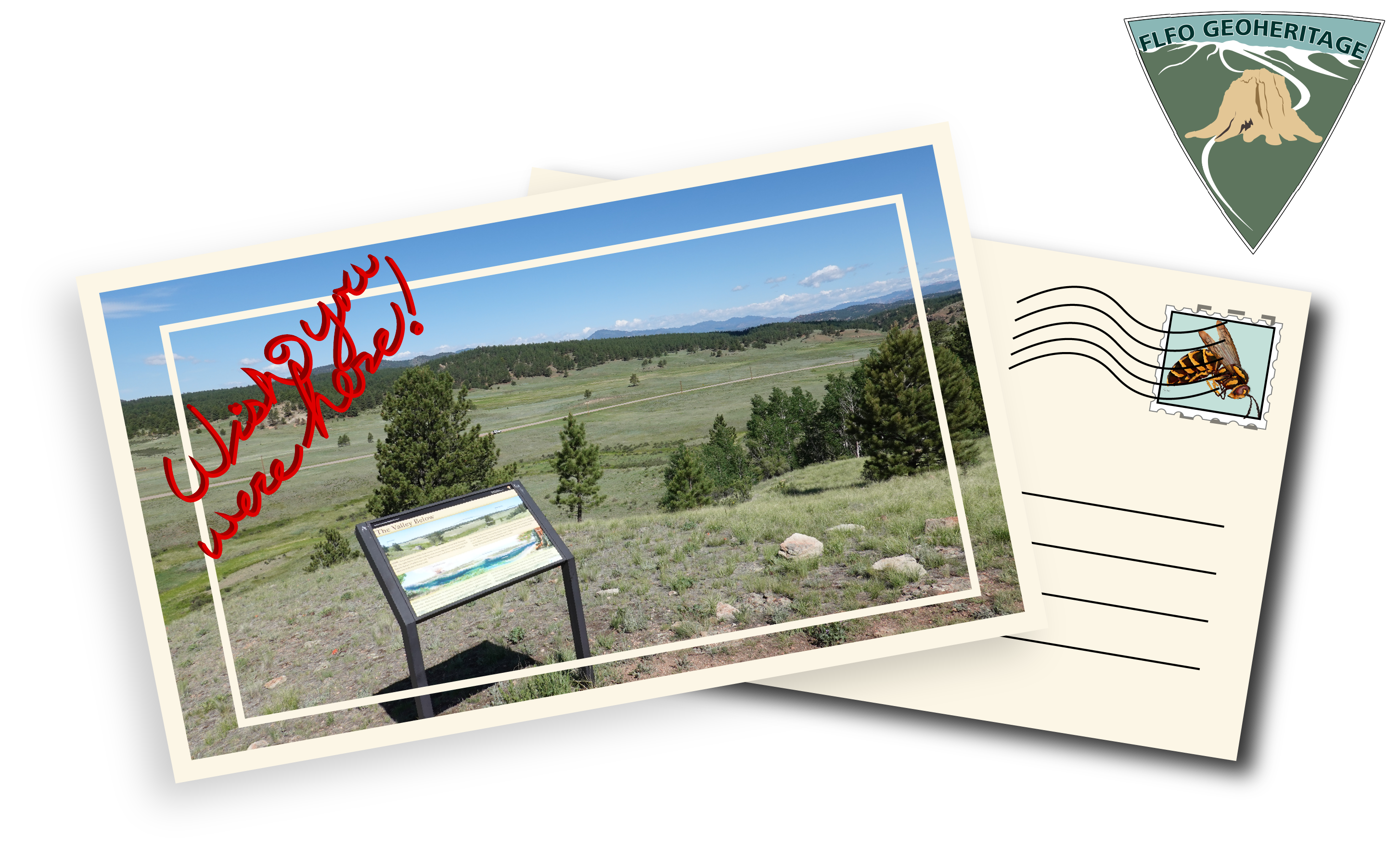 Two overlapped postcards, the left has an image of the wayside overlooking the valley, the right postcard shows a stamp with a wasp on it.