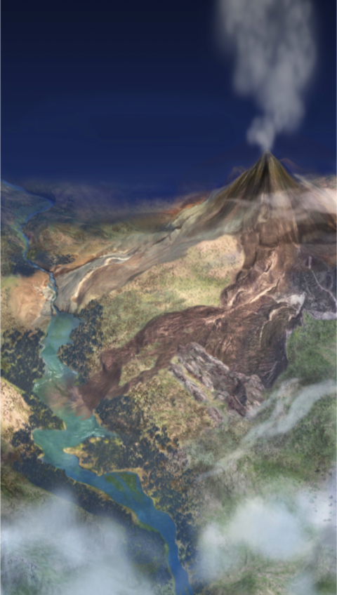 Artwork of Volcanic Lahar and Formation of Lake Artwork depicting a volcanic mudflow filling blocking a stream and creating a lake