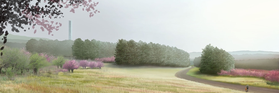 Artist rendering of the future Tower of Voices. Tall thin tower in the distance with trees and a walking path in the foreground.