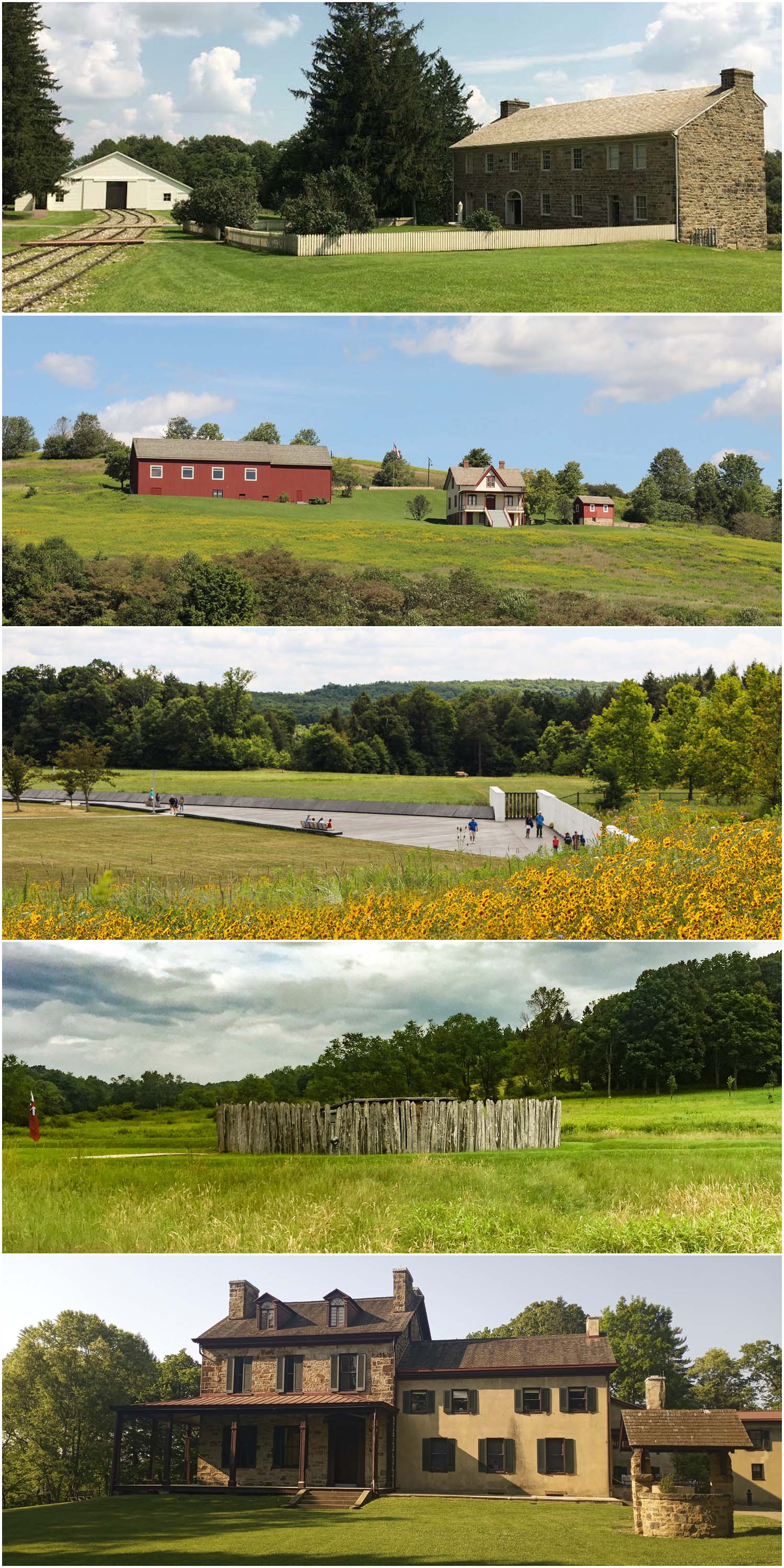 A scene from the 5 National Parks of Western Pennsylvania. There is a stone tavern and an engine house building, a farmhouse and barn, a white granite wall with names, a fort, and a country home.