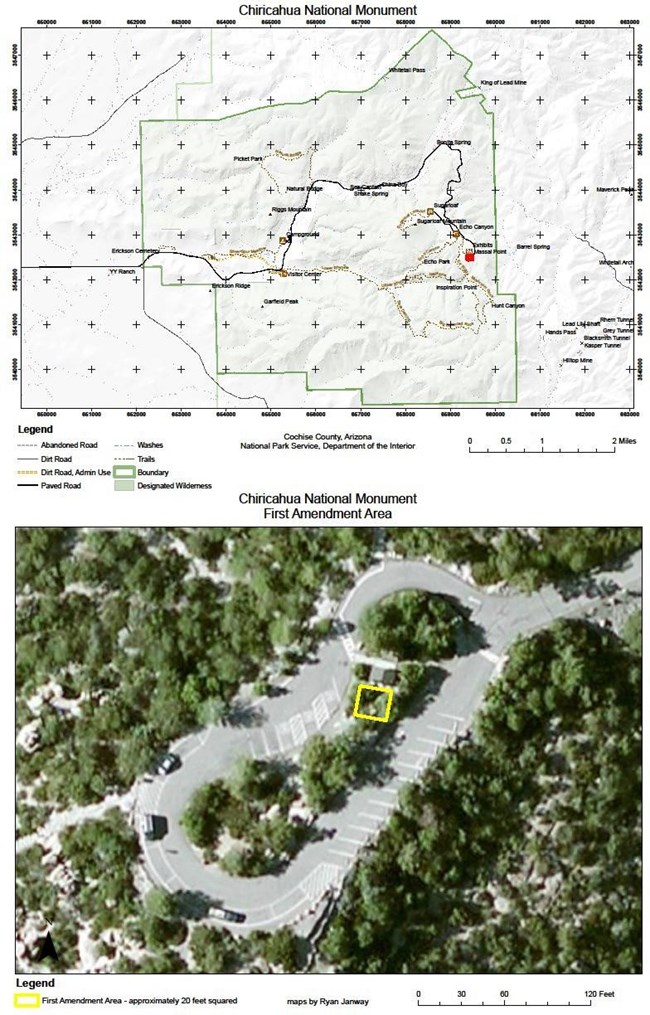 Map of Chiricahua NM and a overhead picture of a parking area.