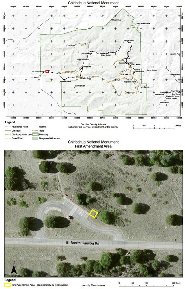 Map of Chiricahua NM and an overhead picture of a parking area.