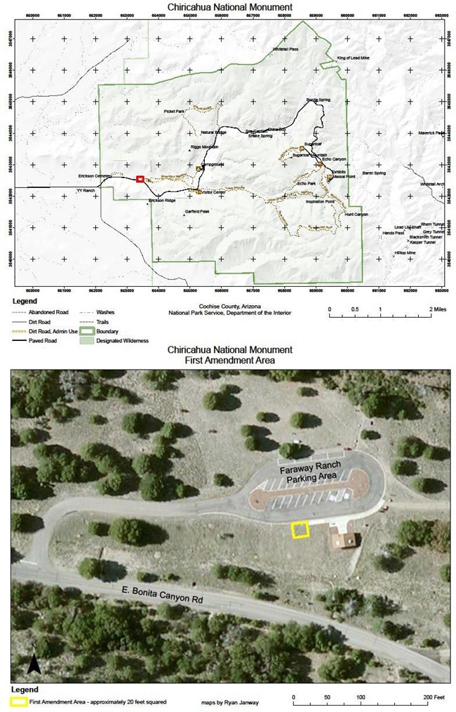Map of Chiricahua NM and an overhead image of a parking area.