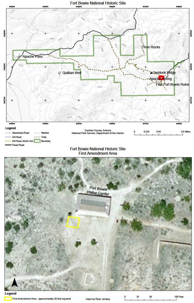 Map of Fort Bowie NHS and overhead image of the park visitor center.