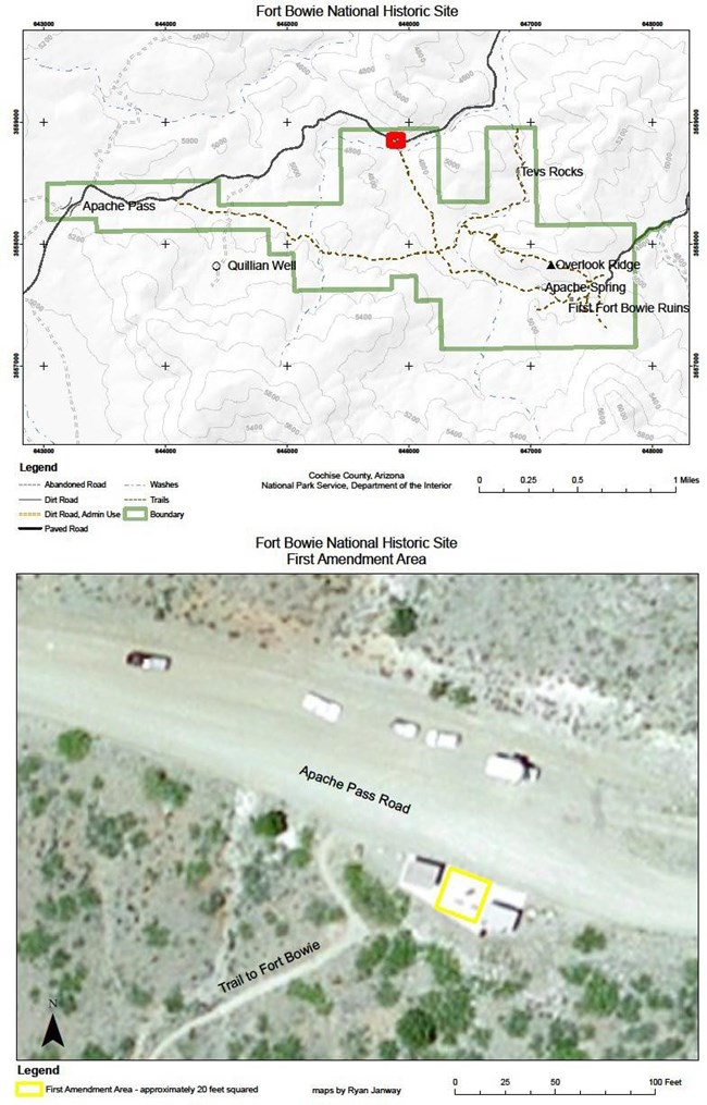 Map of Fort Bowie NHS and overhead image of a dirt road with cars.