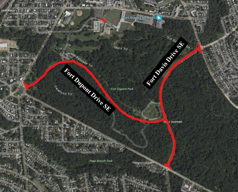 National Park Service (NPS) will close Fort Dupont Drive SE between Randle Circle SE and Fort Davis Drive SE, Fort Davis Drive SE from Massachusetts Avenue SE to Ridge Road SE, and the alley connecting Ely Place SE to F Street SE from 6 a.m. to 11:59 p.m.