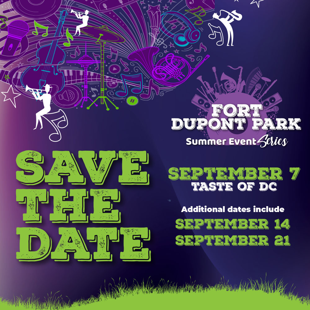 Purple graphic with cartoon saxophone players. Graphic text says "Save the Date. September 7 Taste of DC. Additional dates include September 14, September 21."