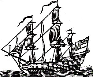 Sketch of sailing ship with three masts.