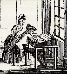 Sketch of man writing at desk with woman standing over his shoulder.