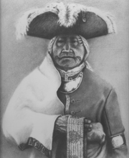 An illustration of an indigenous man wearing a tricorn hat with several feathers, a gorget around his neck, bracelet on his upper left arm. A blanket is draped over his right shoulder and a wampum belt is in his right hand.