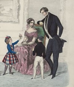 Drawing of a man standing in a suit and a lady seated in a dress and two children.