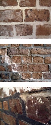 Brick walls of Fort Pulaski illustrating good and bad mortar.