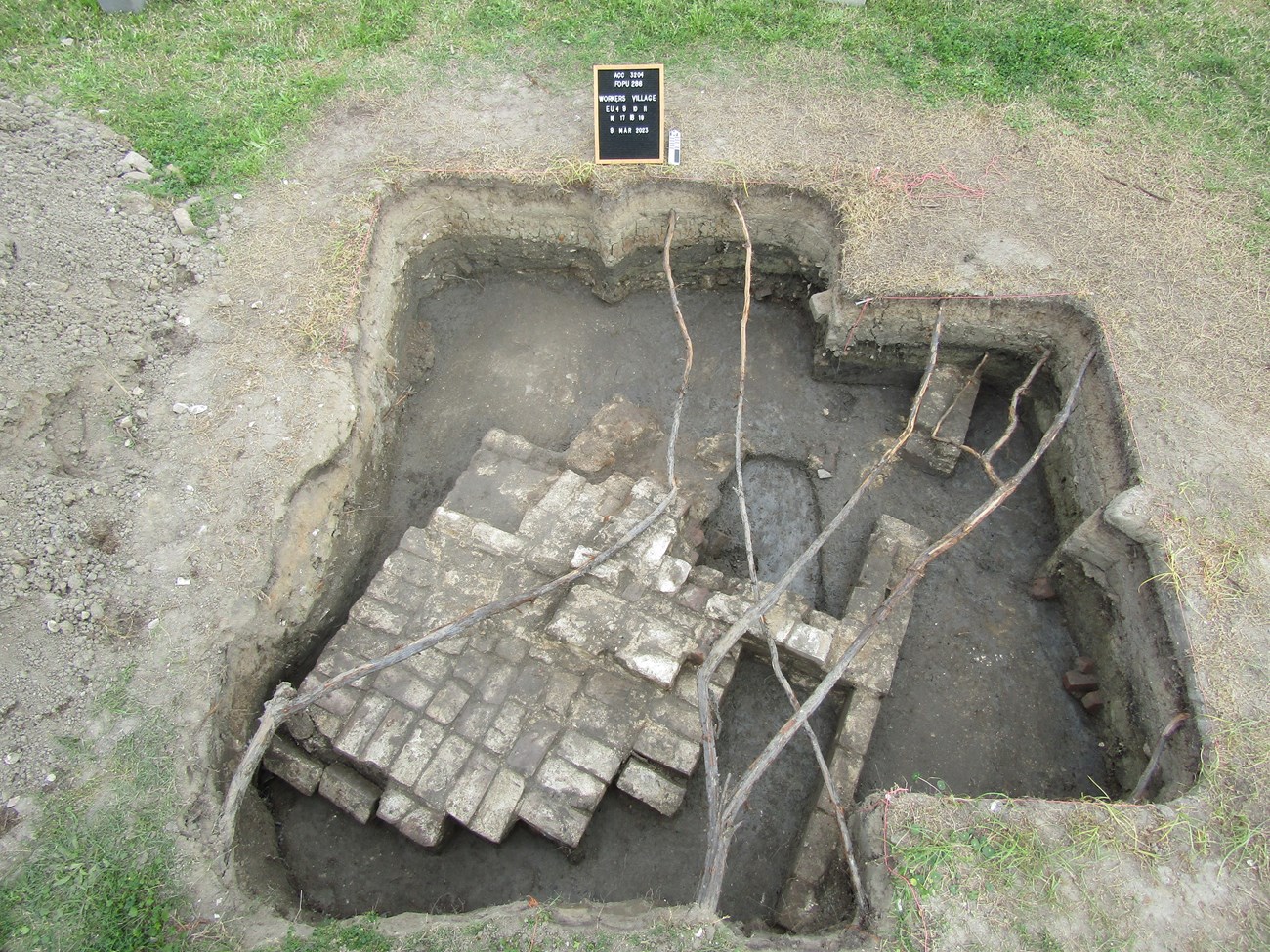 Remains of intact brick hearth taken from above.