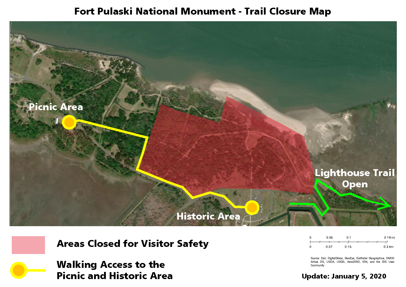 Fort Pulaski Trail Closure and Project Progress Map - 5 January 2020