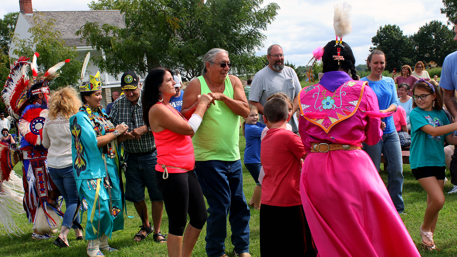 Oklahoma Native American Fancy Dancers, dancing with park visitors