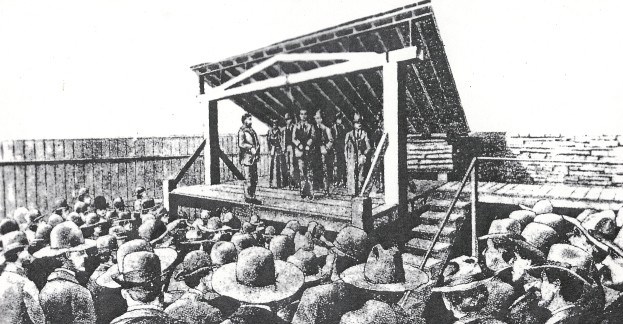 drawing of gallows showing execution of Cherokee Bill with a large crowd in attendance