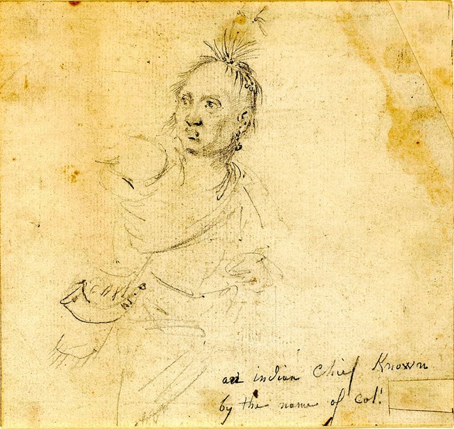 1024px-Colonel-Joseph-Louis-Cook A sketch of a man posed in profile. He looks off to the left in a lean stance. He has feathers adorning he head.