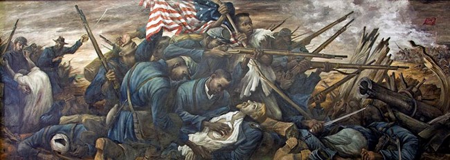 Mural of 54th Massachusetts Regiment assaulting Battery Wagner