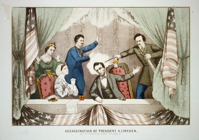 A man with a mustache holding a knife and a gun (John Wilkes Booth) fires at the back of the head of a man with a beard (Abraham Lincoln). A man in a blue soldier's coat and two women in dresses look towards the assassin.