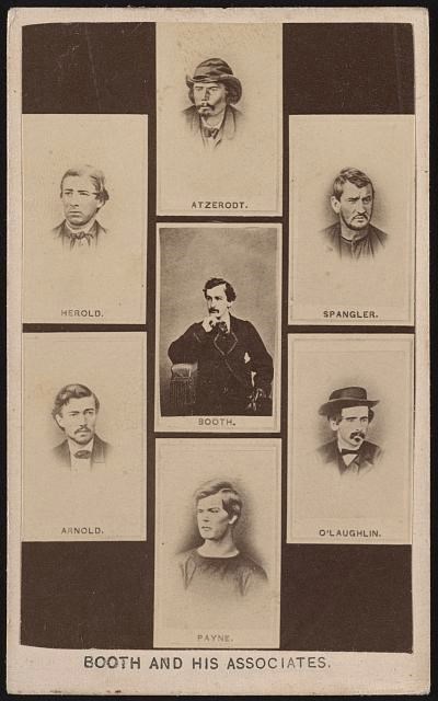 Booth and His Associates Seven portrait images of men dressed in various dark colored clothing. John Wilkes Booth sits at the center, resting his chin on his hand.
