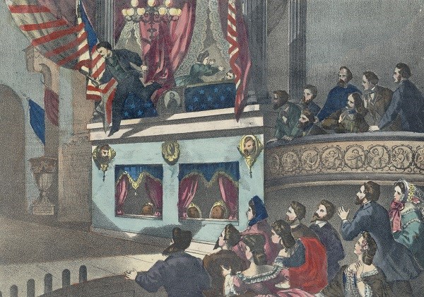 Colored lithograph of Booth jumping from the box to the stage, while audience members look on