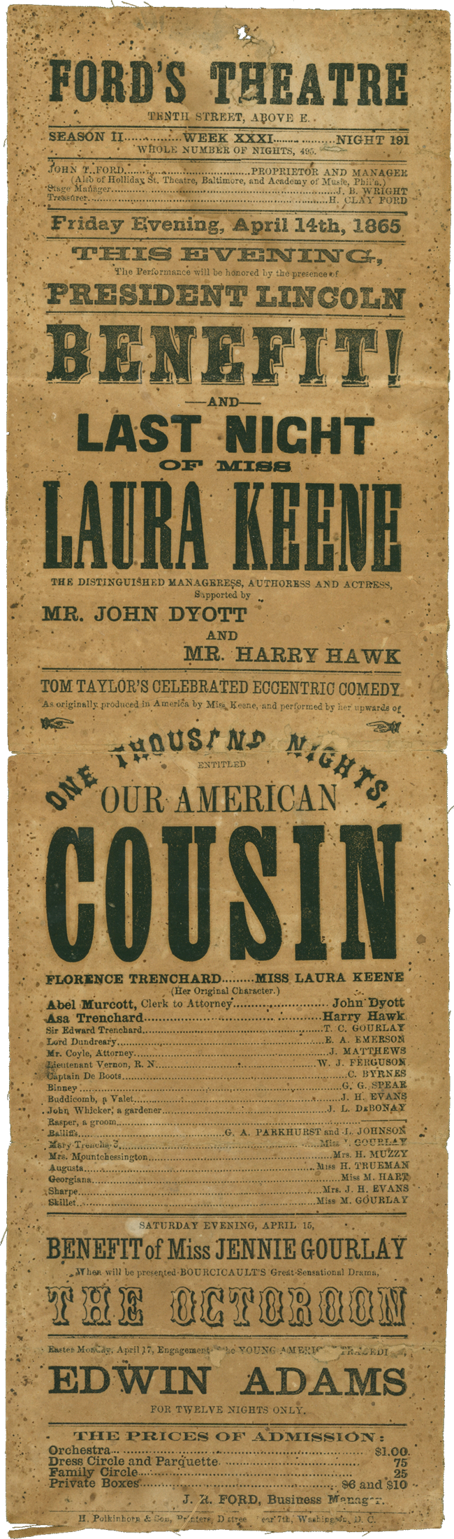 Playbill for Our American Cousin at Ford's Theatre, April 14, 1865. Lists the actors who were performing in the play when President Lincoln was assassinated.