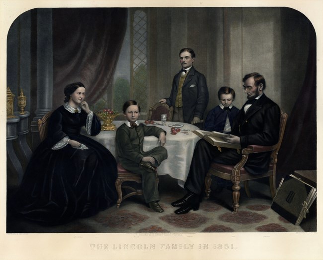 Color Lithograph of Mr. and Mrs. Lincoln and their three sons gathered at a table in a formal parlor setting