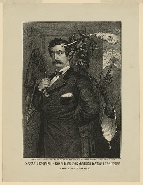 Satan Tempting Booth A black, devilish figure appears behind a man with a mustache and holding a gun. The figure points towards Abraham Lincoln sitting in the state box at Ford's Theatre.