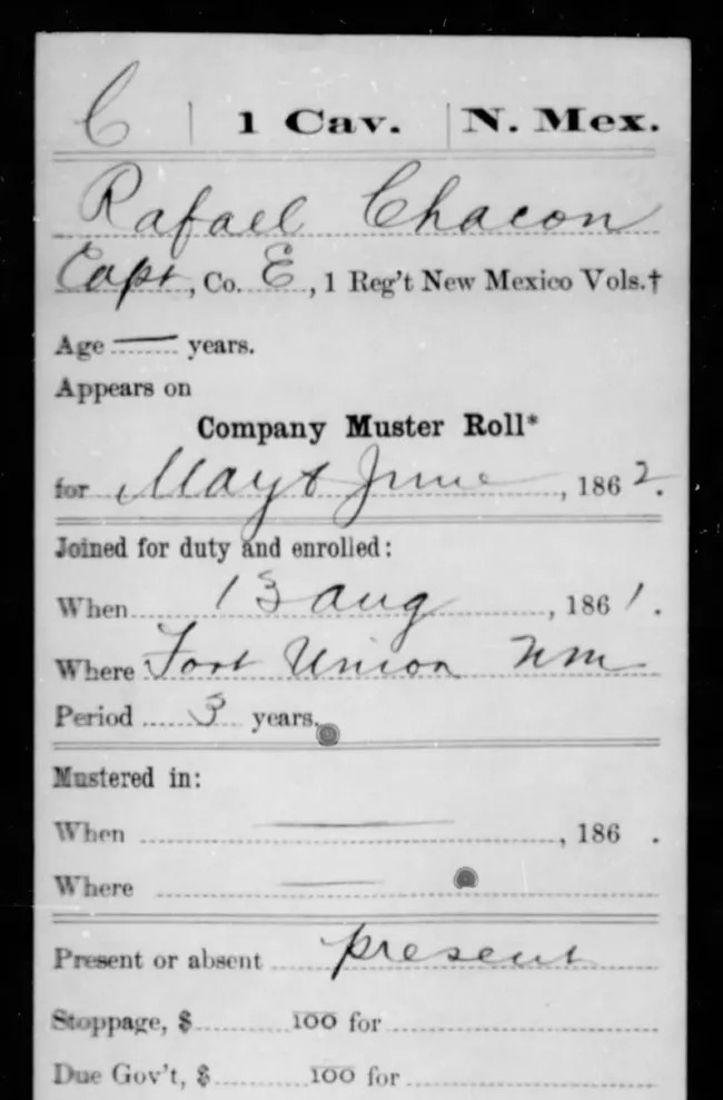 chacon muster roll cropped Hand written muster roll of Capt. Rafael Chacon, showing him present for duty in May and June 1862.