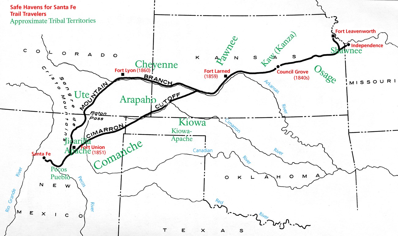 map of santa fe trail showing indians tribal lands